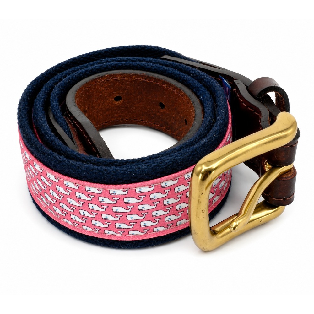 Vineyard Vines Men's Blue Woven Cotton Pink Canvas Whale Logo Golf Belt Size S/M